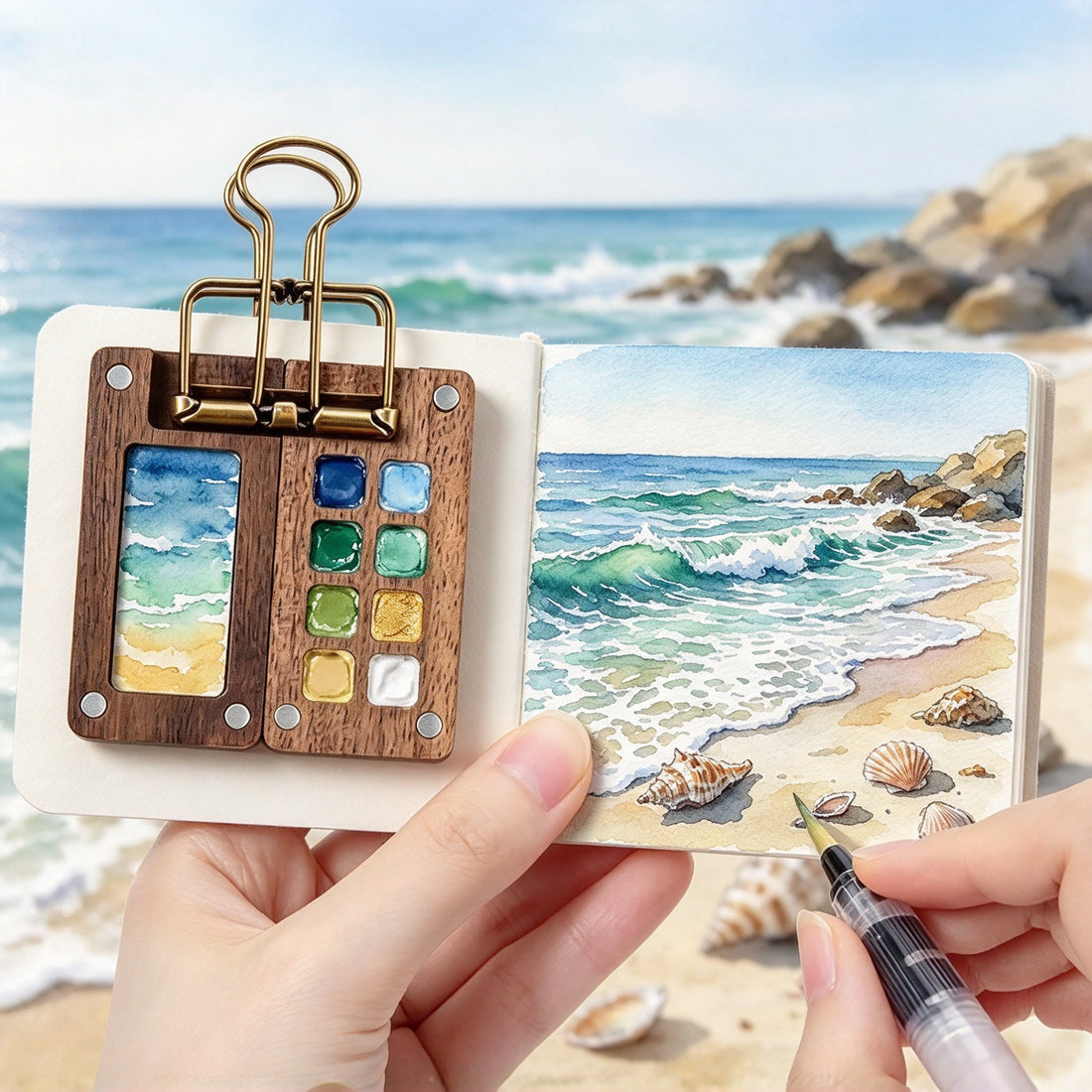Mini Watercolor Travel Set, 8 Grids, 12 Colors