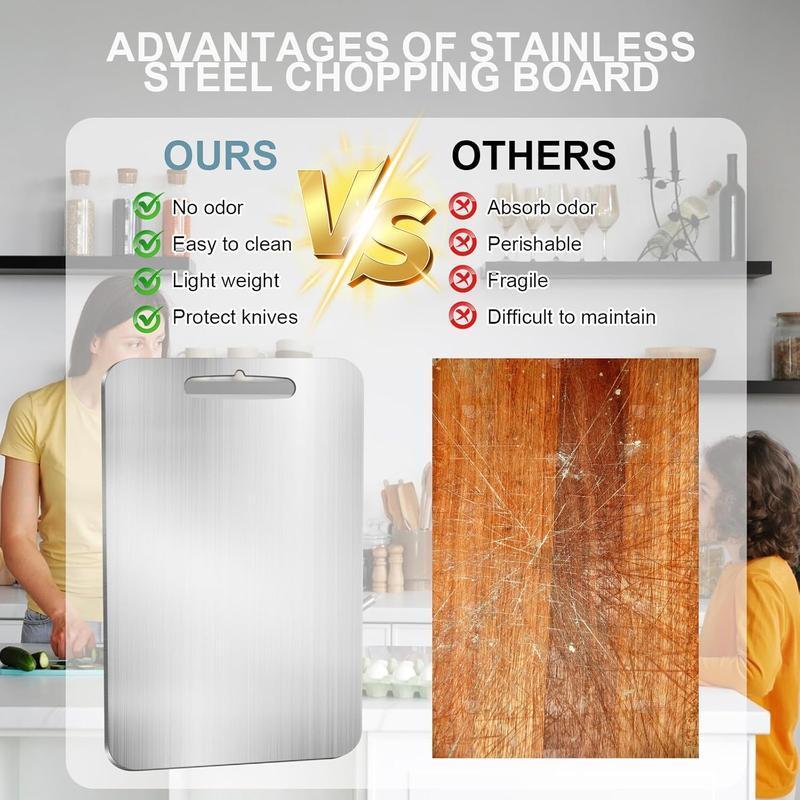 Stainless Steel Cutting Board Durability, Double Sided 304Stainless Non StickChopping Cutting Board for Meat Fruit&Vegetable,Durable Chopping Board, Kitchenware,(Thinand Light Cutting Board 11.02in x15.35in)Lightweight