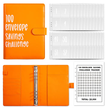 100 Envelope Money Saving Challenge Binder – A5 PU Leather Budget Planner with Cash Envelopes