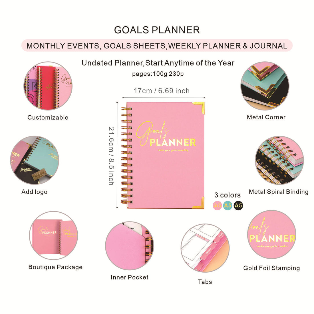 Goals Planner Notebook – Hardcover Spiral-Bound Journal for Daily Planning & Goal Setting