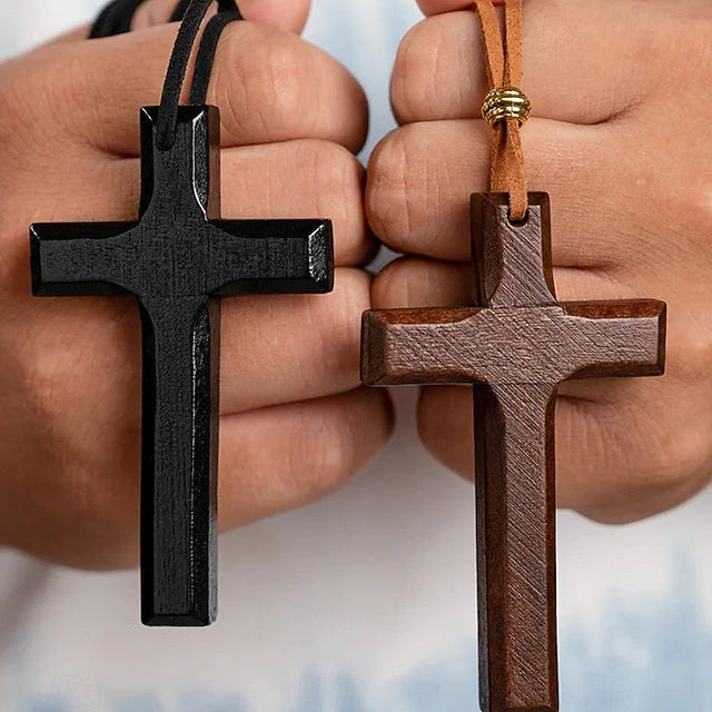 1-Pack Wooden Cross Pendant Necklaces - Vintage Religious Leather Cord