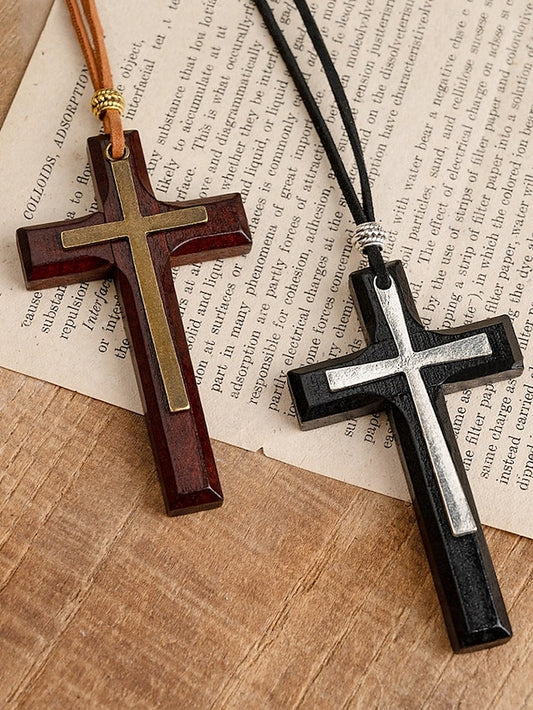 Pair of 2: Wooden Cross Pendant Necklace for Men and Women – Vintage Religious Design with Leather Cord, Ideal for Everyday Wear and Spiritual Occasions
